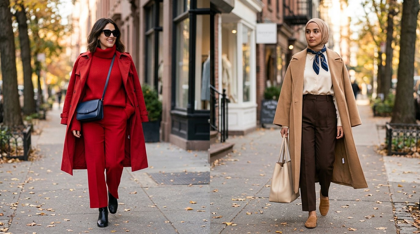Red modest outfits 2026 — tomato red coat styled over cream with hijab