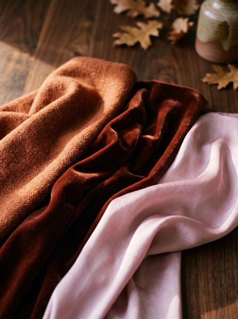 Autumn Winter 2026 Color Trends: Pantone's 15 Key Shades 6 Fabric composition on walnut sur… 202607151548