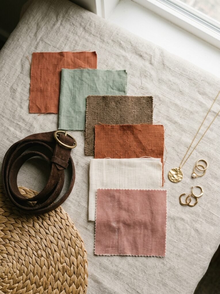 Fabric swatches boho earthy palette 202607191405