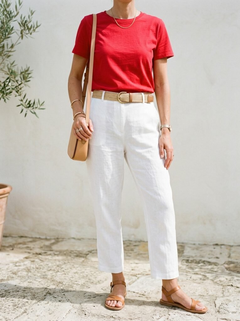 Colorful T-Shirt Outfits: How to Style the 2026 Trend 2 Person wearing t shirt linen tro… 202607121757
