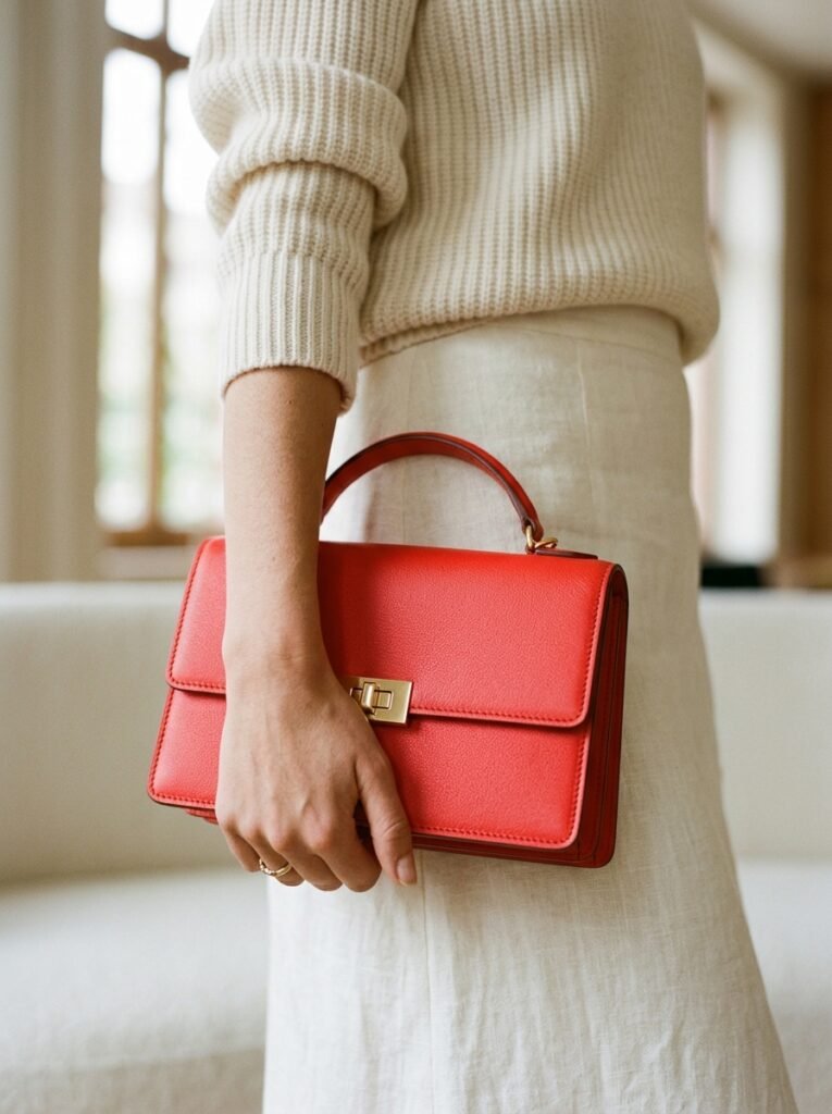 Red Modest Outfits 2026: How to Wear Fall's Boldest Color 6 Poppy red handbag held outfit 202607282301