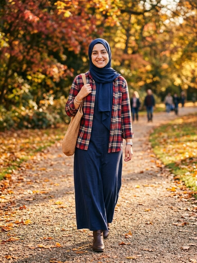 Plaid Outfits 2026: The Modest Way to Wear Fall's Print 6 Red navy check shirt maxi 202607220328