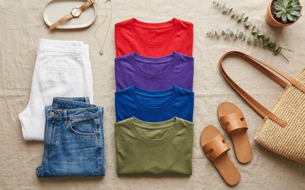 Colorful t-shirt outfits flat-lay with red, purple, blue and green tees for 2026