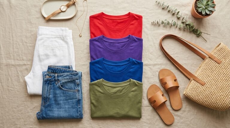 Colorful t-shirt outfits flat-lay with red, purple, blue and green tees for 2026