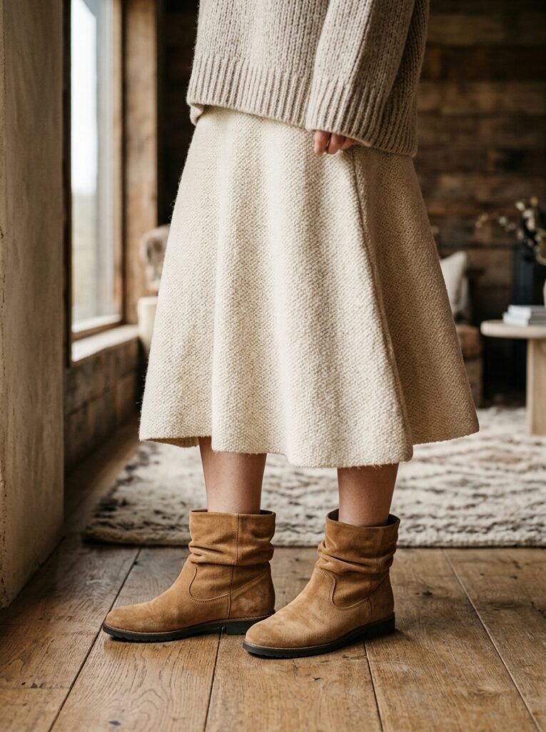 Tan suede boots cream skirt 202607271440