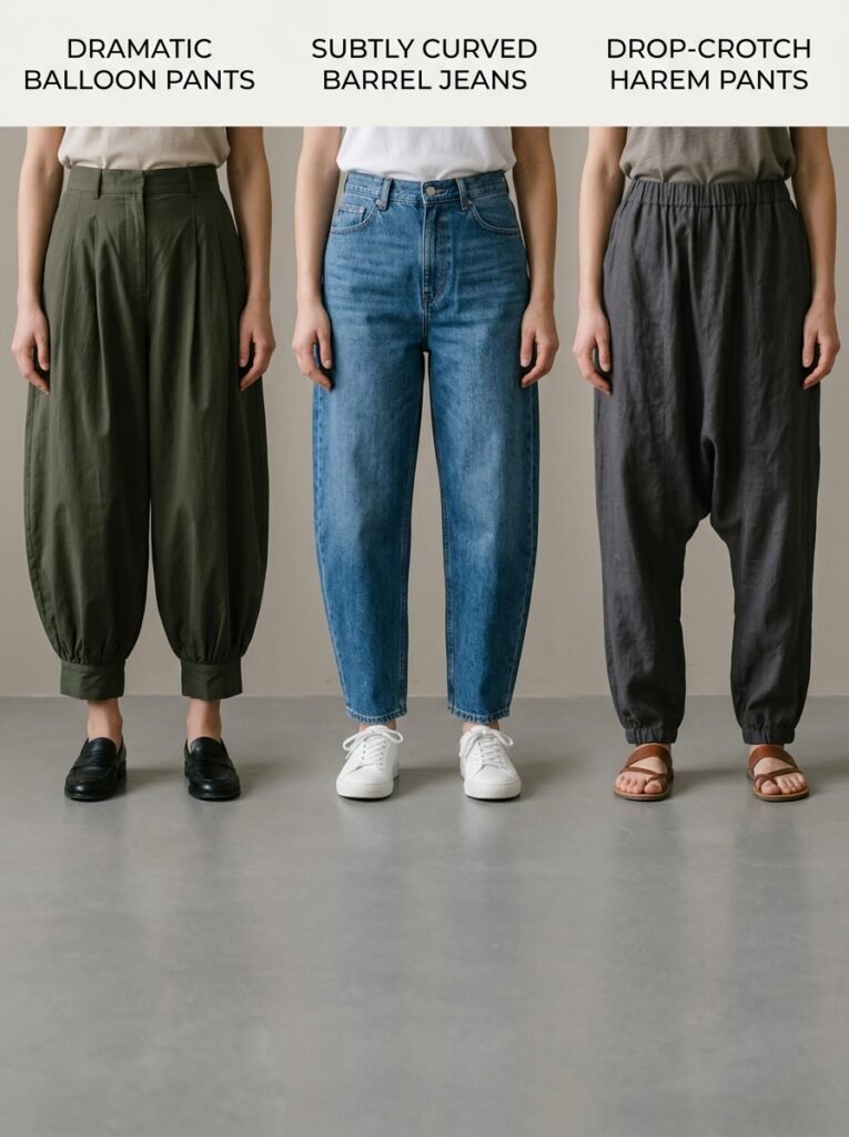 Balloon Pants Outfit Ideas 2026: 7 Chic Ways to Wear 3 Three trouser silhouettes compar… 202607091516