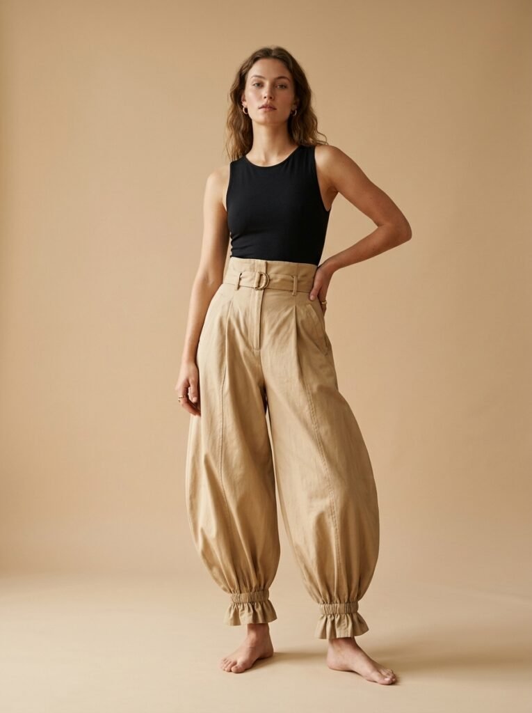 Balloon Pants Outfit Ideas 2026: 7 Chic Ways to Wear 2 Voluminous balloon trousers sand… 202607091516