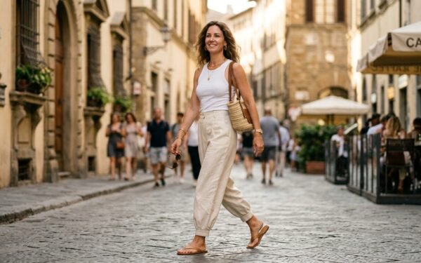 Balloon pants outfit ideas 2026 — woman in cream linen balloon pants and fitted white tank