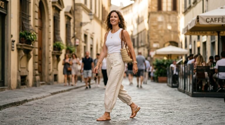 Balloon pants outfit ideas 2026 — woman in cream linen balloon pants and fitted white tank