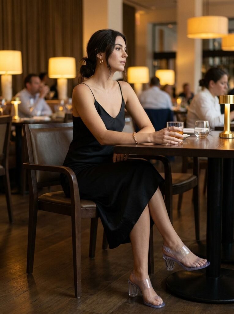 Woman in black slip dress 202607031501