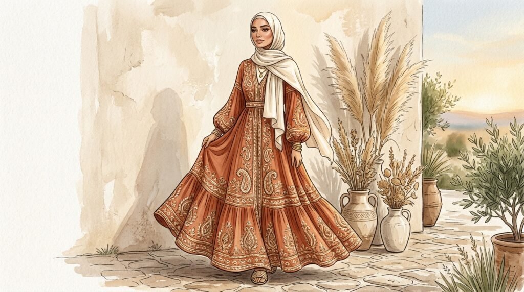 Modest boho outfit ideas summer 2026 — terracotta embroidered maxi with cream hijab
