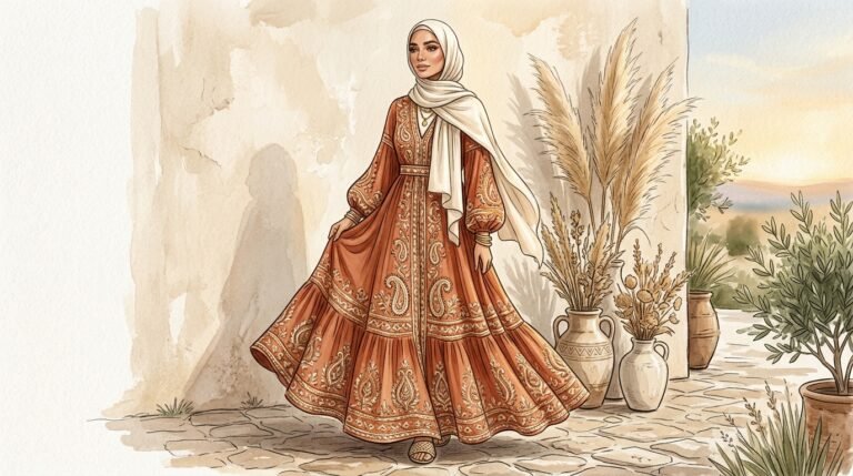 Modest boho outfit ideas summer 2026 — terracotta embroidered maxi with cream hijab