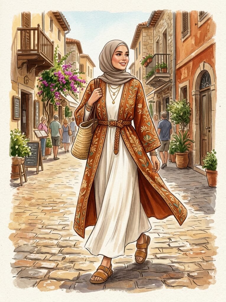 Woman in boho outfit walking 202607191406