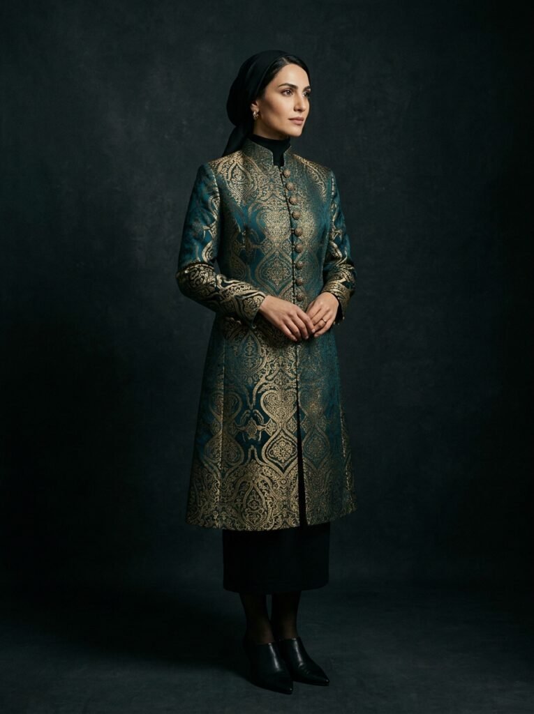 Woman in brocade coat headscarf 202607300131