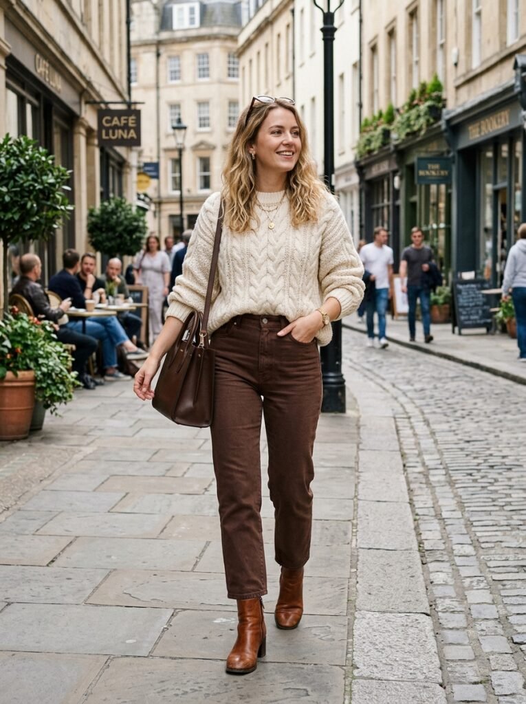 Chocolate Brown Outfits 2026: Fall's Richest Color Trend 6 Woman in brown jeans sweater 202607210350