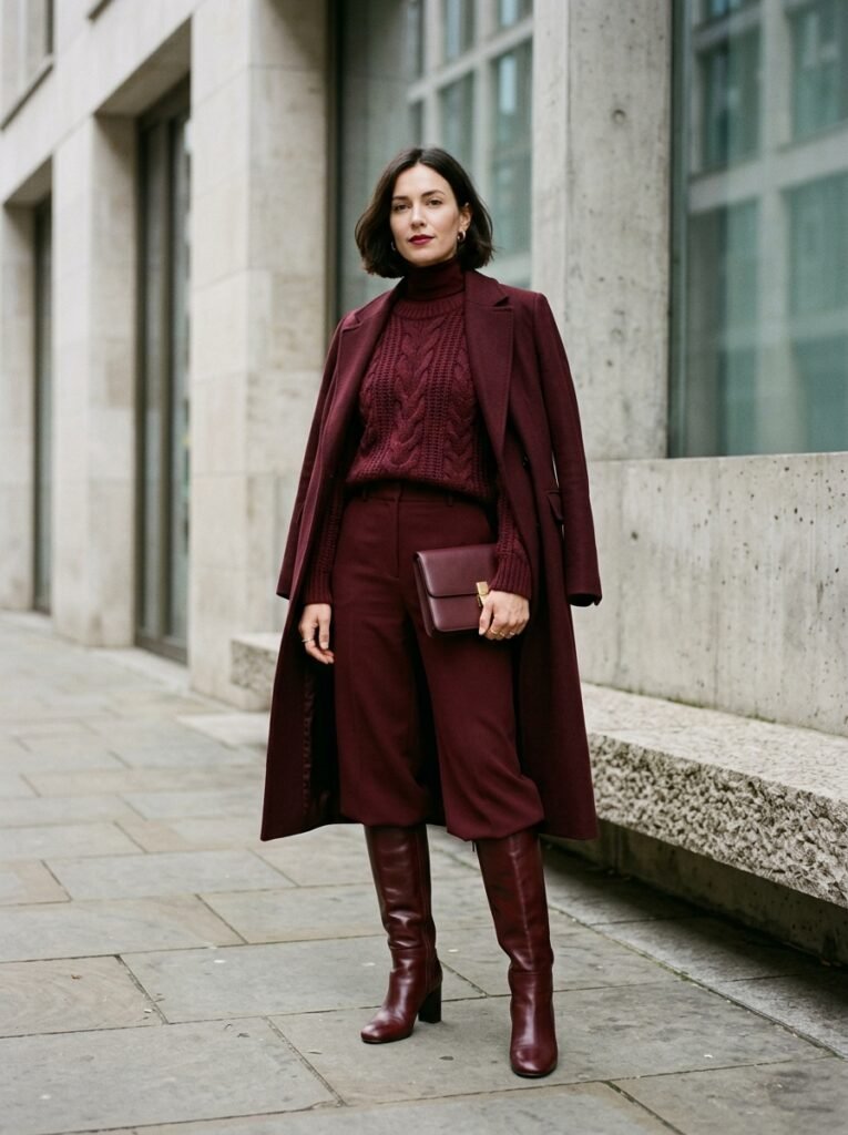 Burgundy Outfit Ideas: Fall 2026's Color of the Season 5 Woman in burgundy knit trousers 202607111750