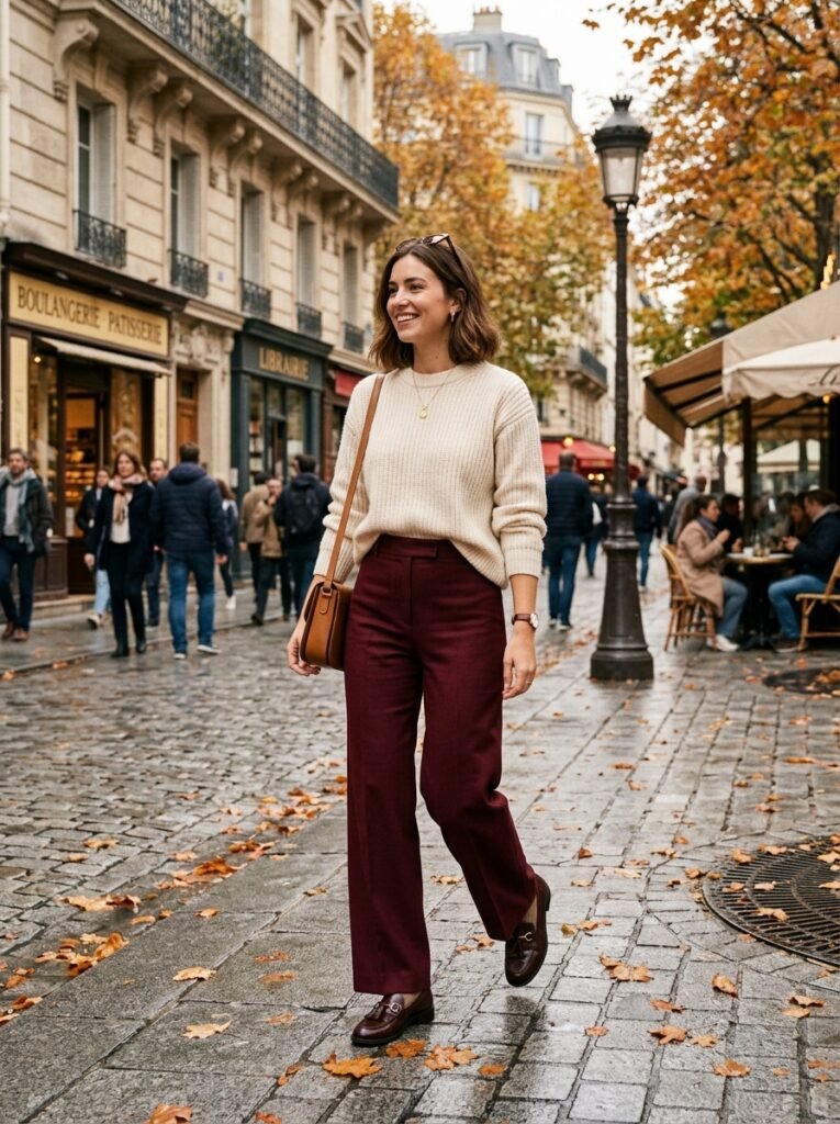 Burgundy Outfit Ideas: Fall 2026's Color of the Season 4 Woman in burgundy trousers loafers 202607111750