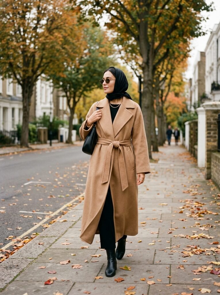 Woman in camel coat black 202607300131
