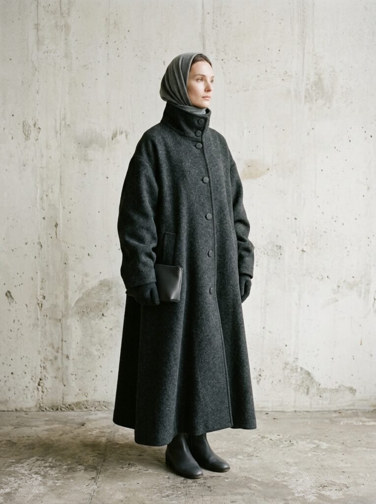 Woman in charcoal wool coat 202607300130