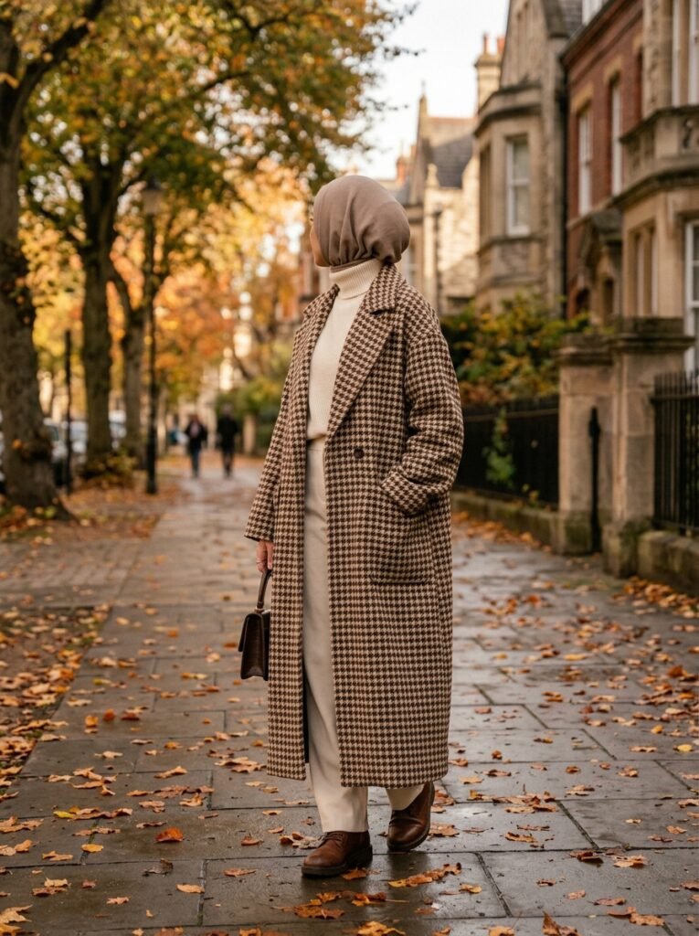 Plaid Outfits 2026: The Modest Way to Wear Fall's Print 2 Woman in checked coat standing 202607220327