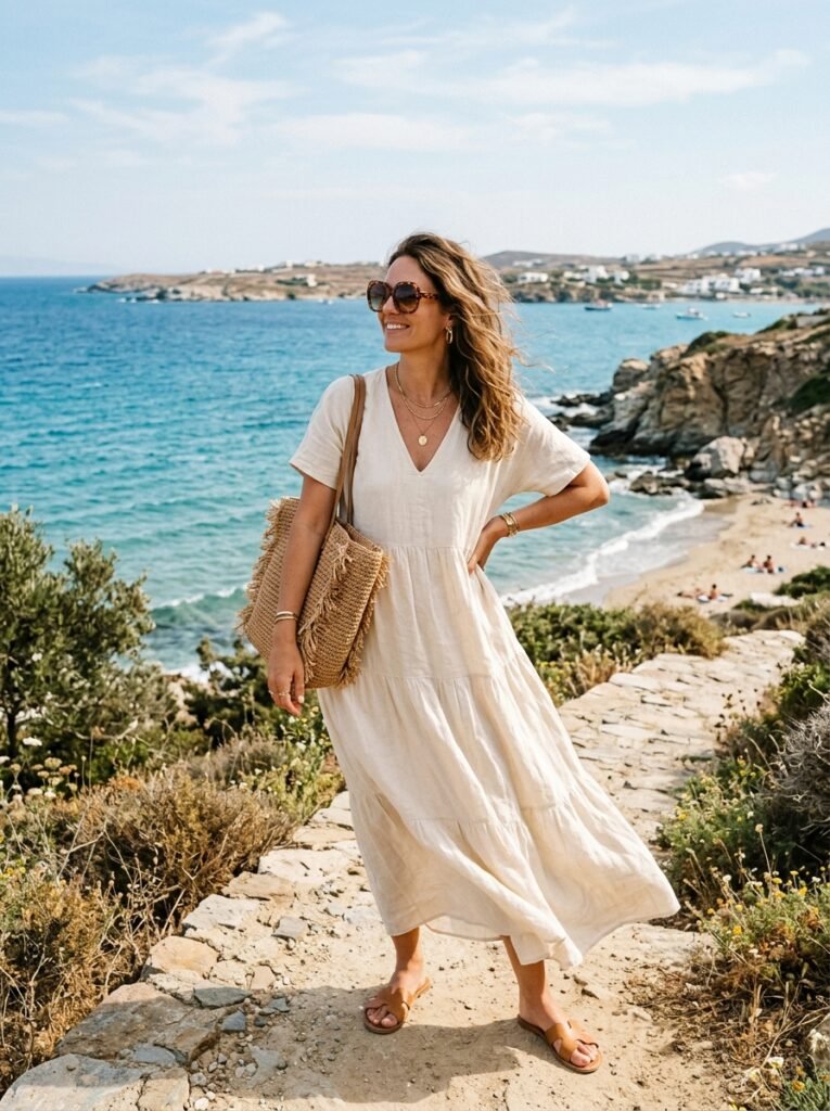 Woman in dress near coastline 202607081725