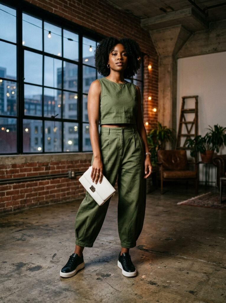 Balloon Pants Outfit Ideas 2026: 7 Chic Ways to Wear 5 Woman in green matching set 202607091517