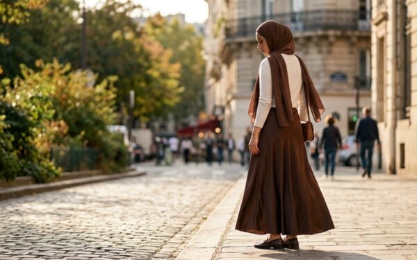 Modest transitional outfits: chocolate brown satin maxi skirt with off-white knit top in late summer light