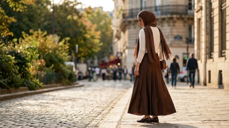 Modest transitional outfits: chocolate brown satin maxi skirt with off-white knit top in late summer light