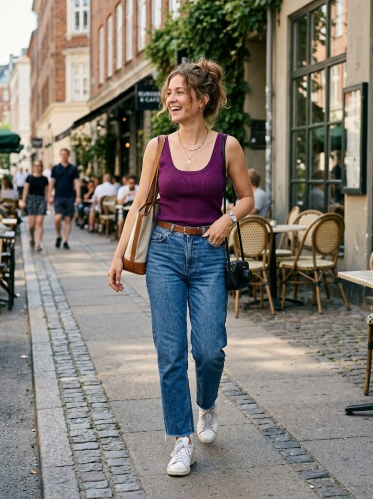 Woman in purple tank jeans 202607062327