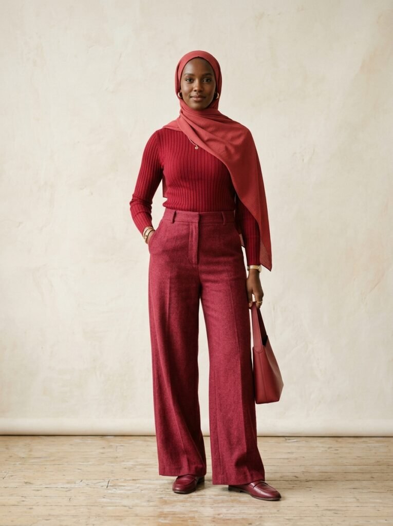 Red Modest Outfits 2026: How to Wear Fall's Boldest Color 4 Woman in red outfit standing 202607282301