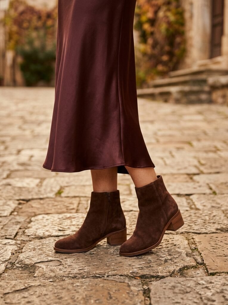 Modest Transitional Outfits: What to Wear in August 2026 5 Woman in suede ankle boots 202607260524