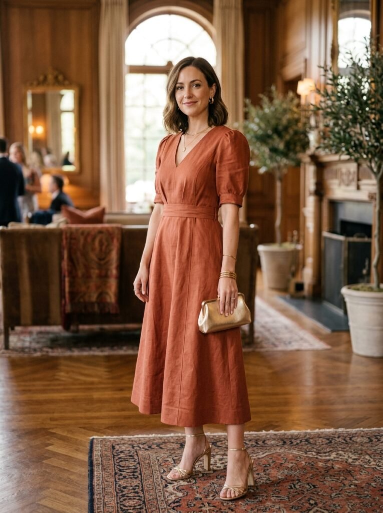 Woman in terracotta dress styling 202607081725
