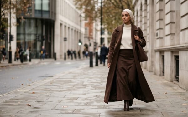 Modest Coat Trends Fall 2026: 7 Styles for Long Hems 6 Modest coat trends fall 2026 — long chocolate brown wool overcoat over a cream knit and maxi skirt with hijab