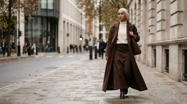 Modest coat trends fall 2026 — long chocolate brown wool overcoat over a cream knit and maxi skirt with hijab