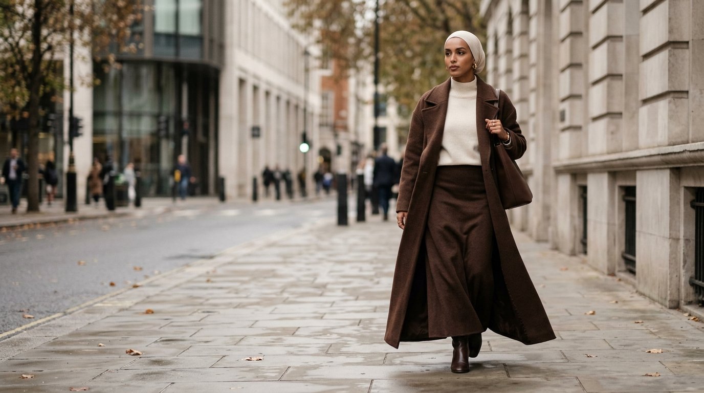 Modest coat trends fall 2026 — long chocolate brown wool overcoat over a cream knit and maxi skirt with hijab