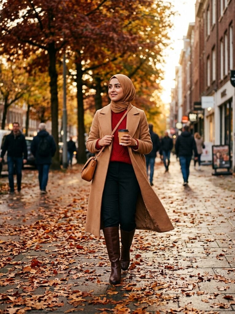 Red Modest Outfits 2026: How to Wear Fall's Boldest Color 5 Woman walking autumn pavement le… 202607282301