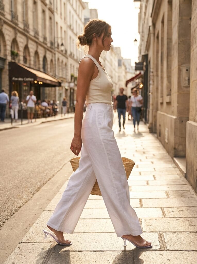 Woman walking city sidewalk summer 202607031500