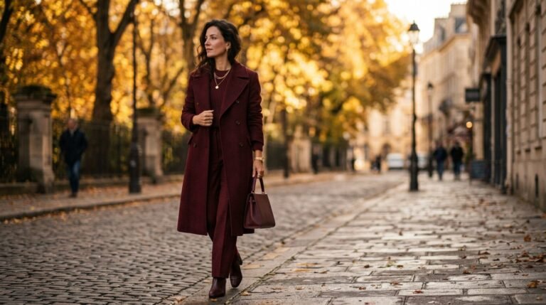 Burgundy outfit ideas for women 2026 — tonal wine autumn look
