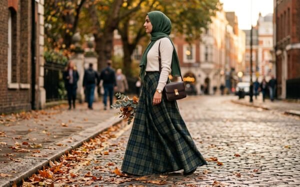Head to toe tartan check modest outfit tonal palette