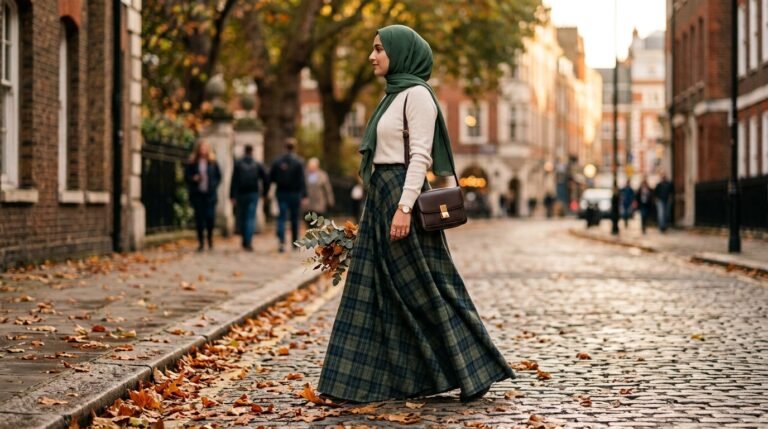 Head to toe tartan check modest outfit tonal palette