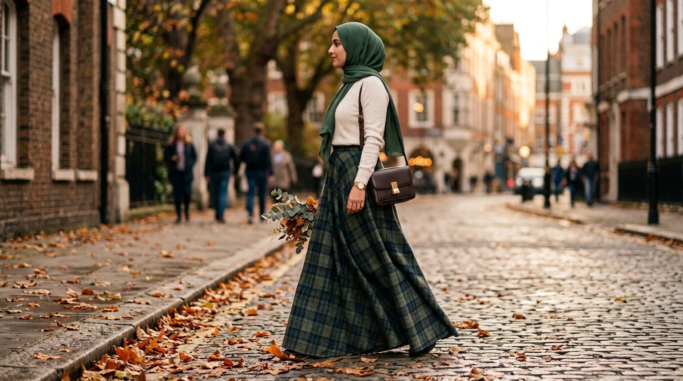 Head to toe tartan check modest outfit tonal palette