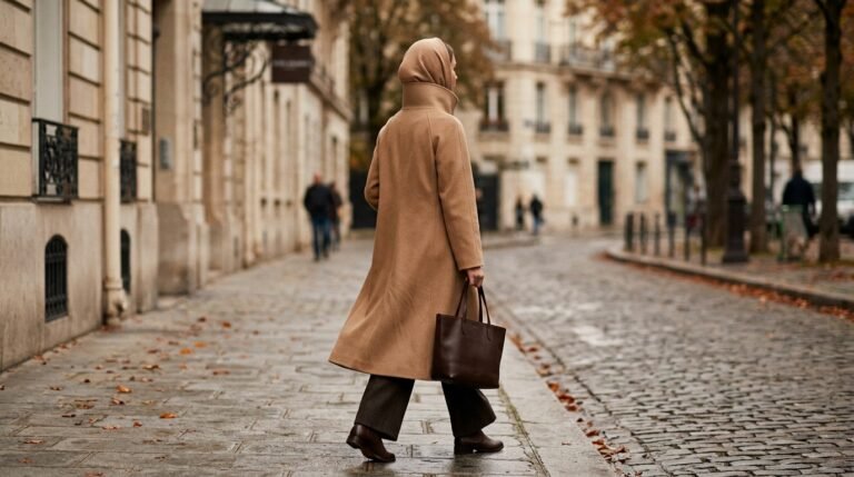 Modest fashion autumn winter 2026 funnel neck coat with matching hijab