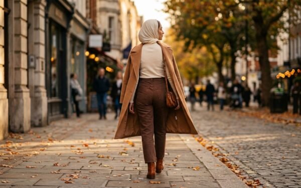 Fall 2026 denim trends — chocolate brown high-waisted jeans with cream knit and camel coat