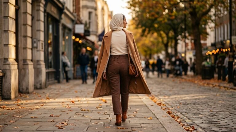 Fall 2026 denim trends — chocolate brown high-waisted jeans with cream knit and camel coat