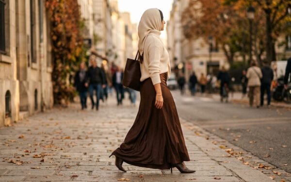 Fall 2026 boot trends styled modestly — pointed brown ankle boots under a chocolate maxi skirt