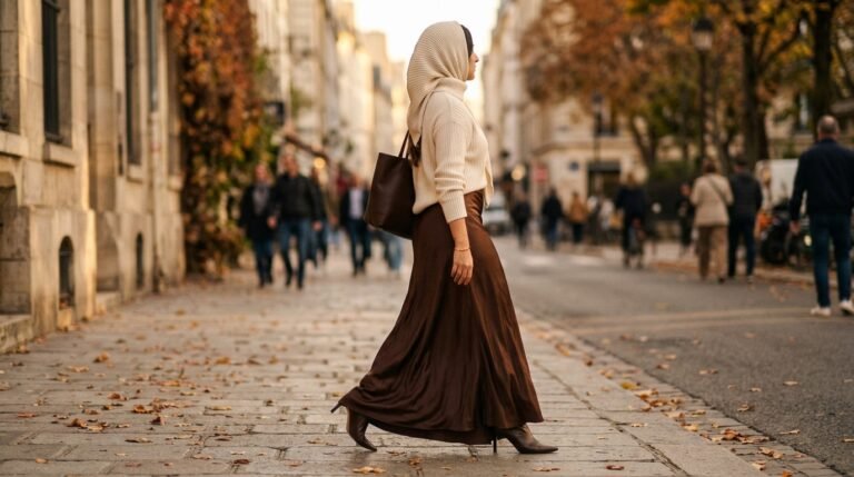 Fall 2026 boot trends styled modestly — pointed brown ankle boots under a chocolate maxi skirt