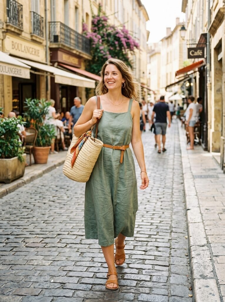 Woman walking on sunlit street 202607081725