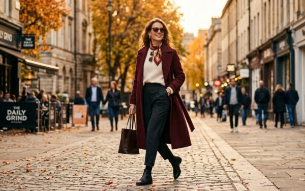 Burgundy outfit ideas — woman in a burgundy coat, fall 2026's color of the season