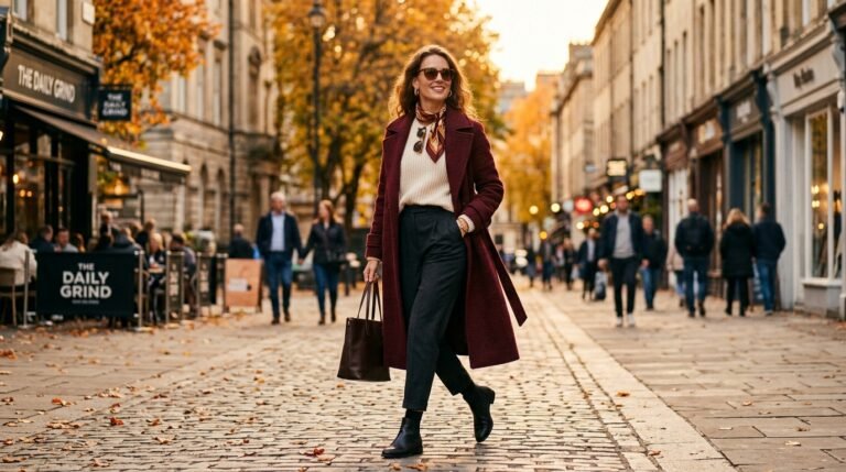Burgundy outfit ideas — woman in a burgundy coat, fall 2026's color of the season