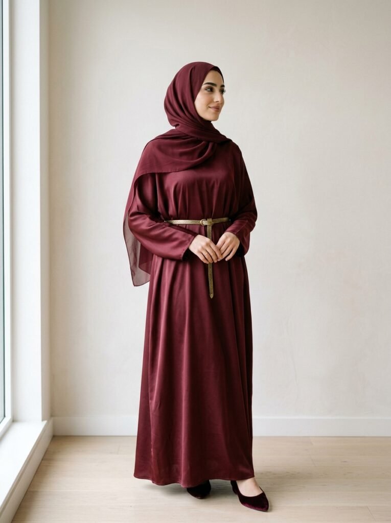 Burgundy Outfit Ideas for Women 2026: Fall's It Color 5 Woman wearing burgundy abaya hijab 202607131523